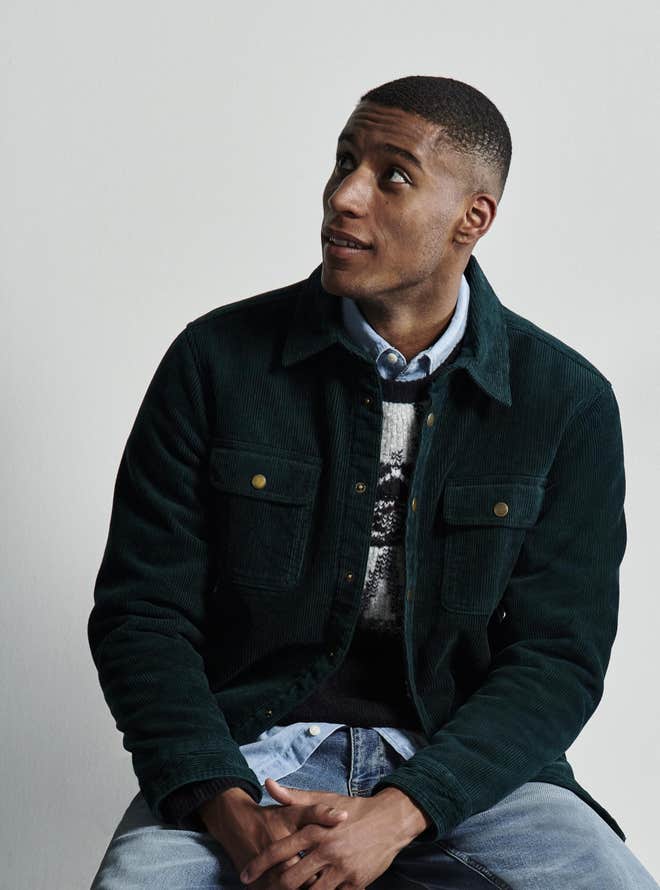 model wearing shirt, jumper and jacket from m&s