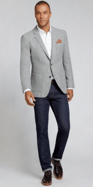 model wearing grey blazer