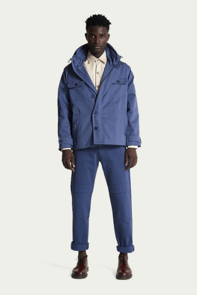 blue fields jacket on model
