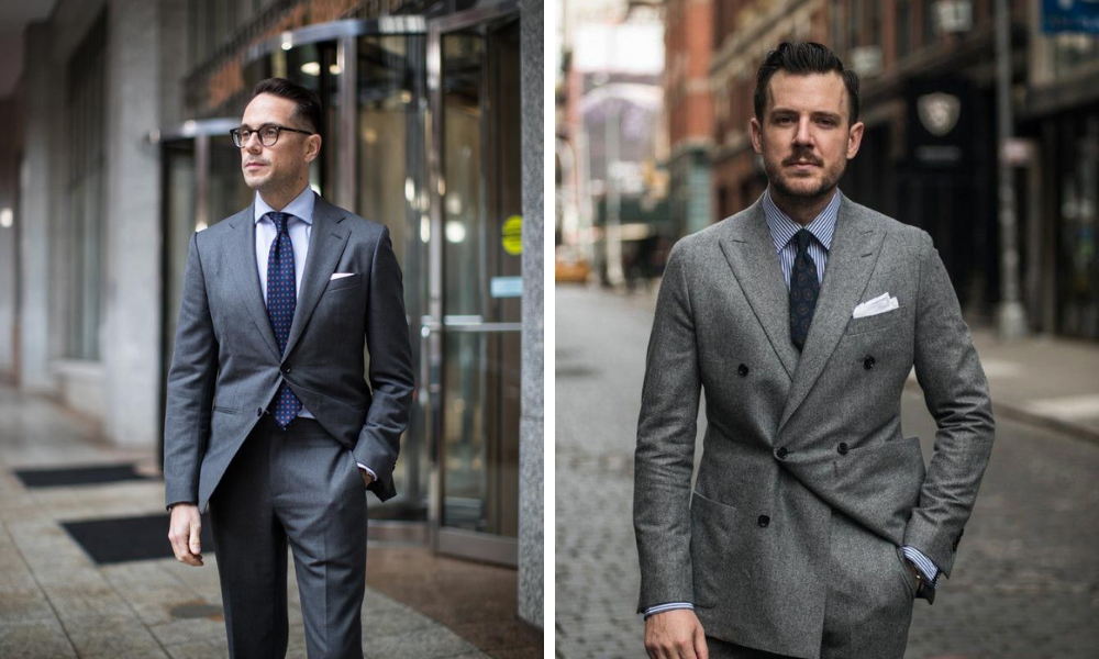grey suit and blue shirt for men
