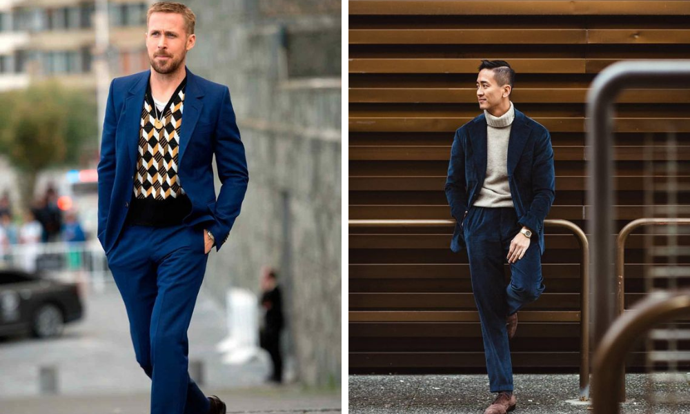 two ways to wear a blue suit with knitwear