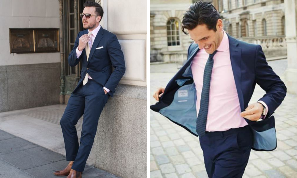 how men can wear a navy suit with a pink shirt