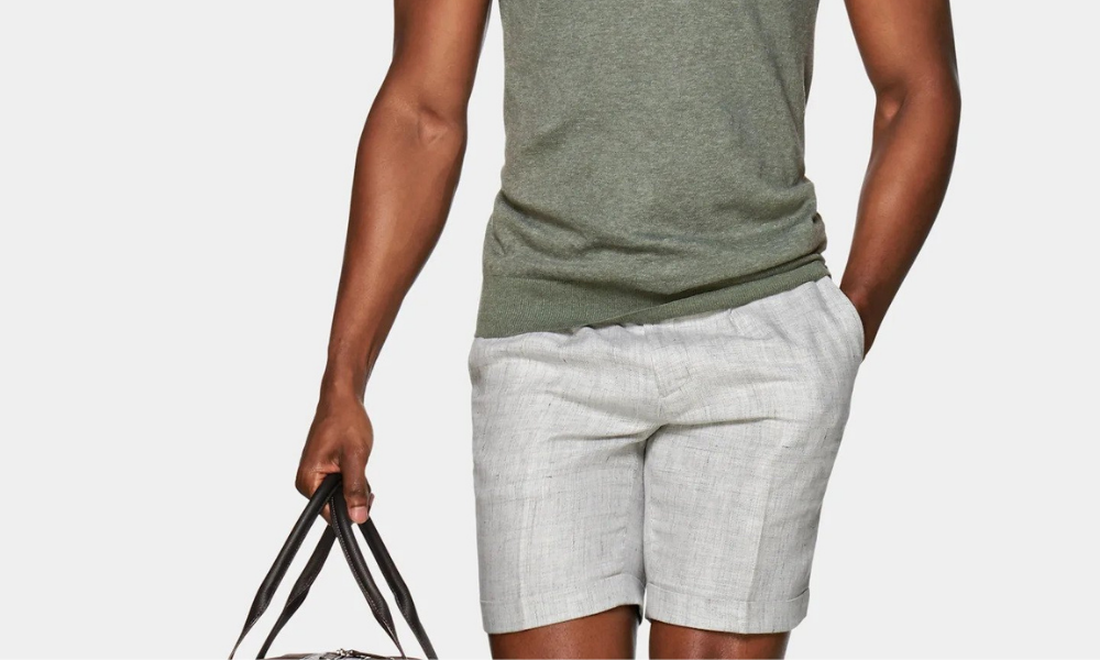suit supply linen polo shirt with grey shorts