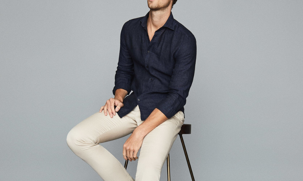 linen shirt with beige trousers