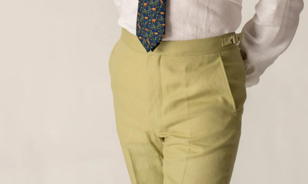 formal linen trousers with a shirt and tie