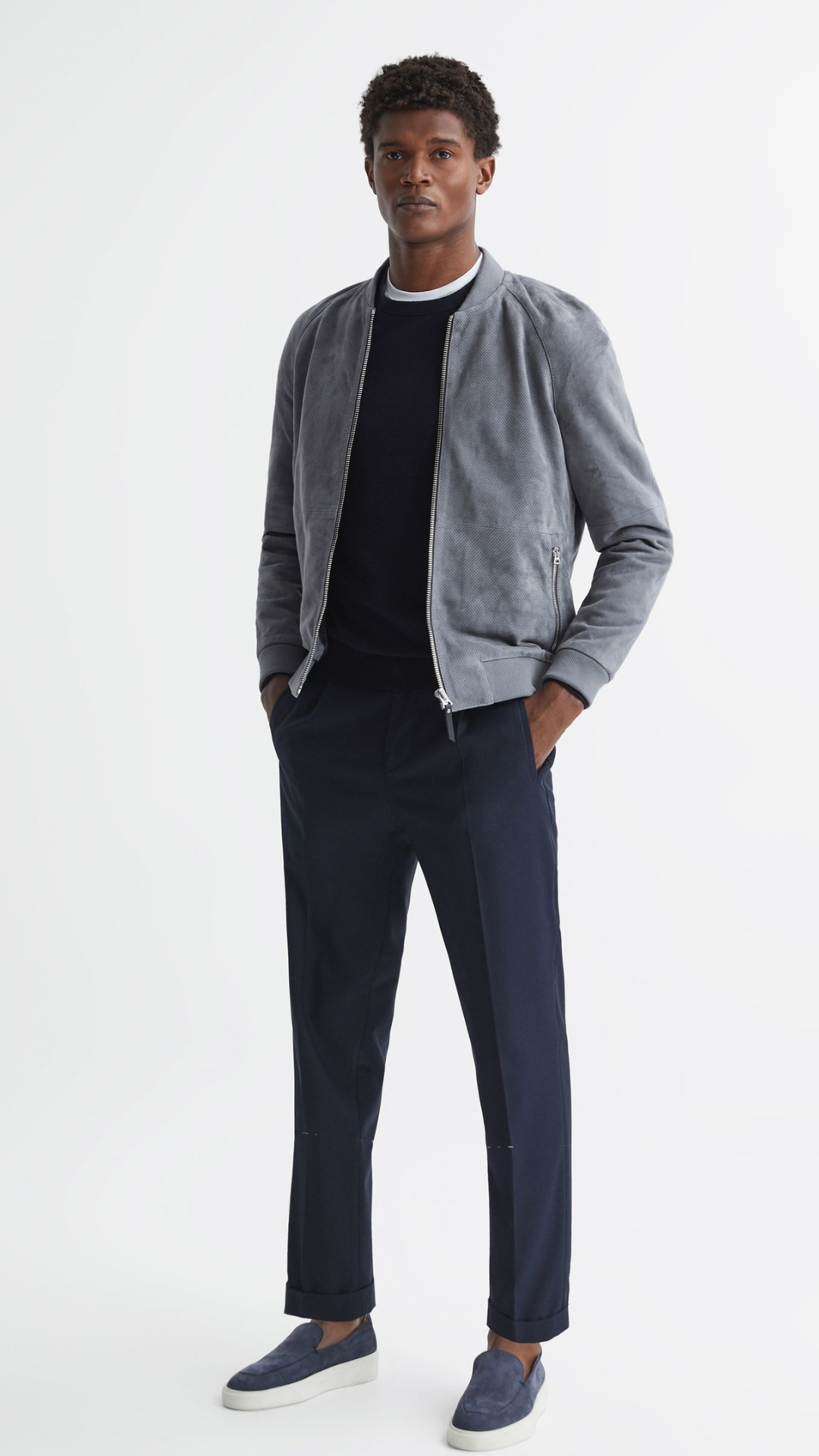 bomber jacket with formal trousers
