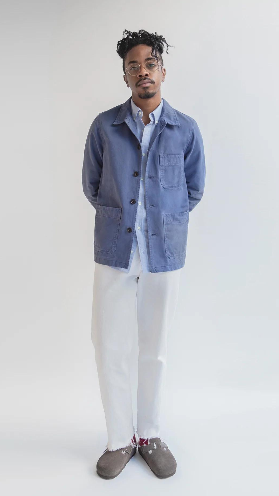 workers jacket with white jeans