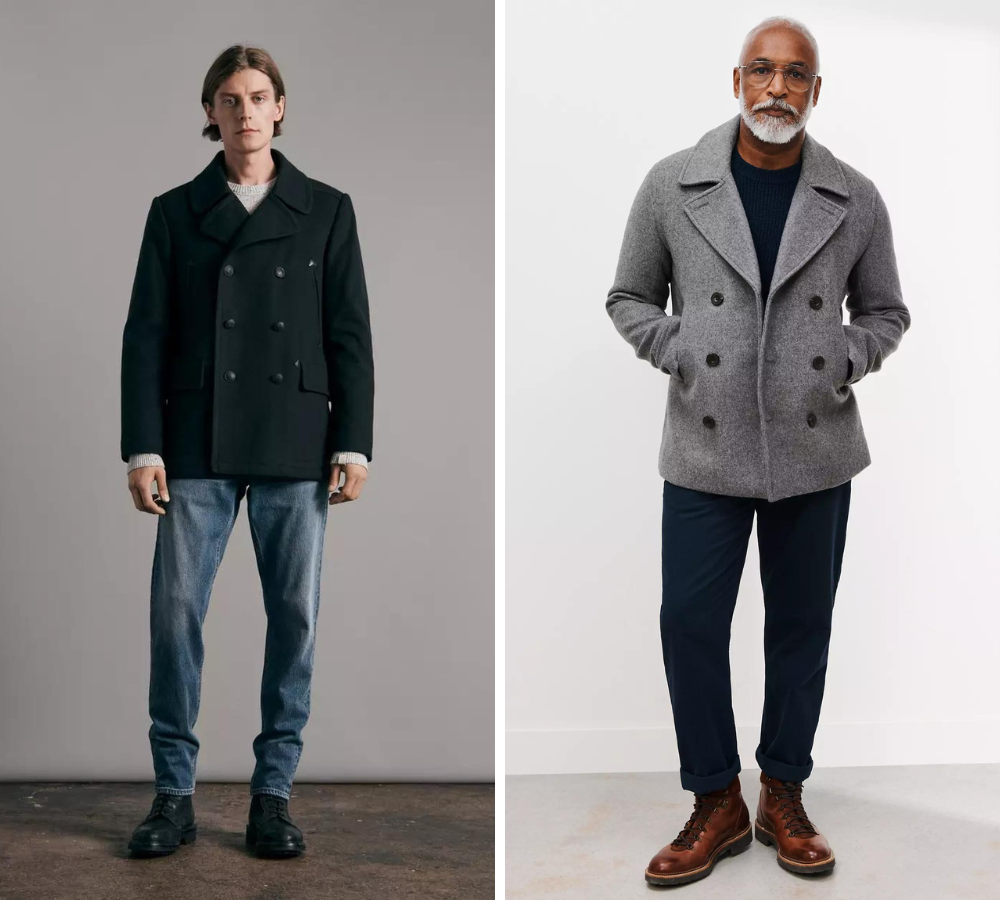 men's peacoat being worn with jeans