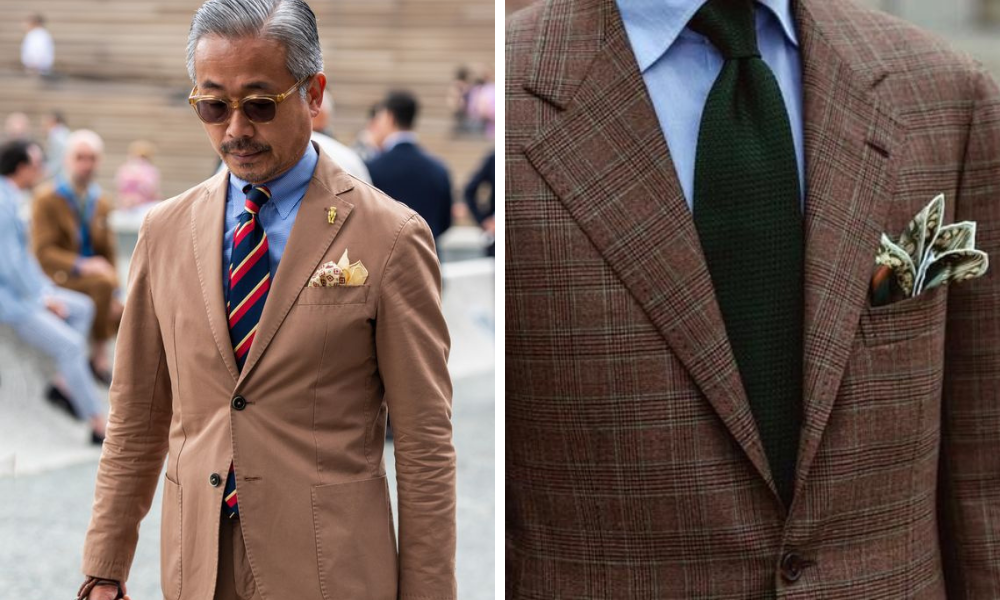 contrasting tie and pocket square